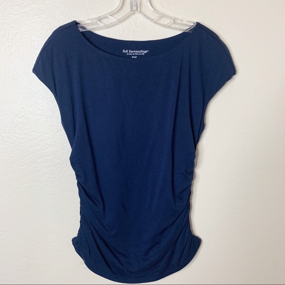 Soft Surroundings Navy Ruched Cap Sleeve Top S Supima Cotton Modal - Picture 2 of 6